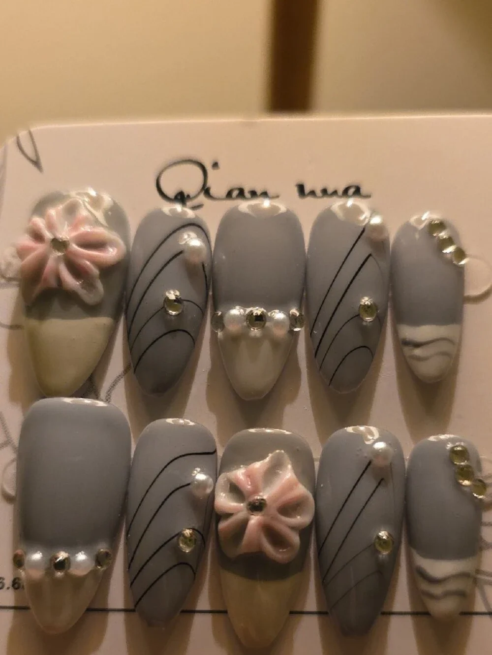 Gray & White Floral Pearl Accent Press-On Nails